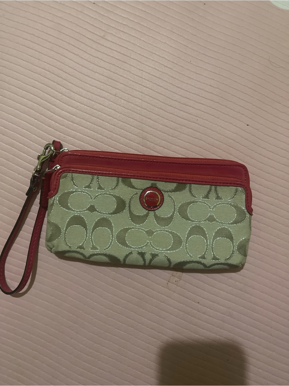 Coach Signature Canvas Wristlet in Light Green with Pink Trim
